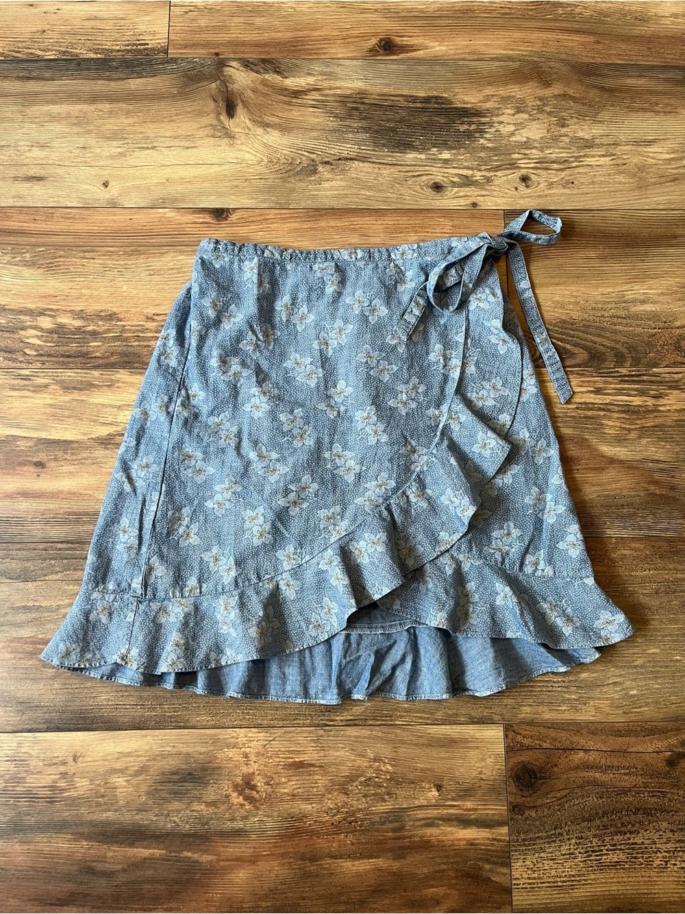 J.Crew Mercantile Floral Wrap Skirt Chambray Blue Ruffle Asymmetrical S Cotton